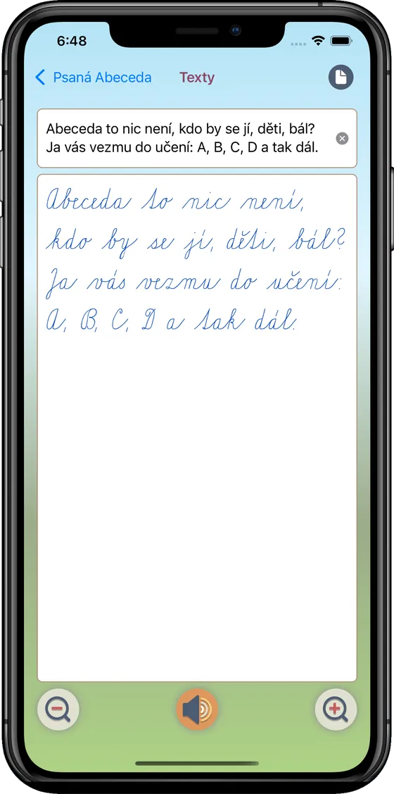 Text zobrazený psacím písmem v mobilní aplikaci